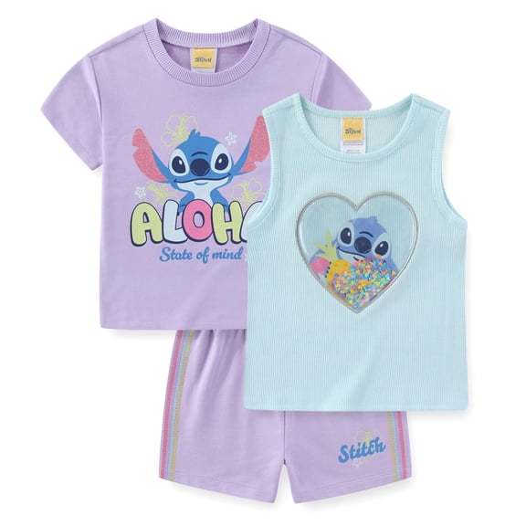 Disney Lilo & Stitch Short Sleeve T-Shirt Tank Top and Shorts Set (Girls), 3 Piece Set, Sizes 5-12