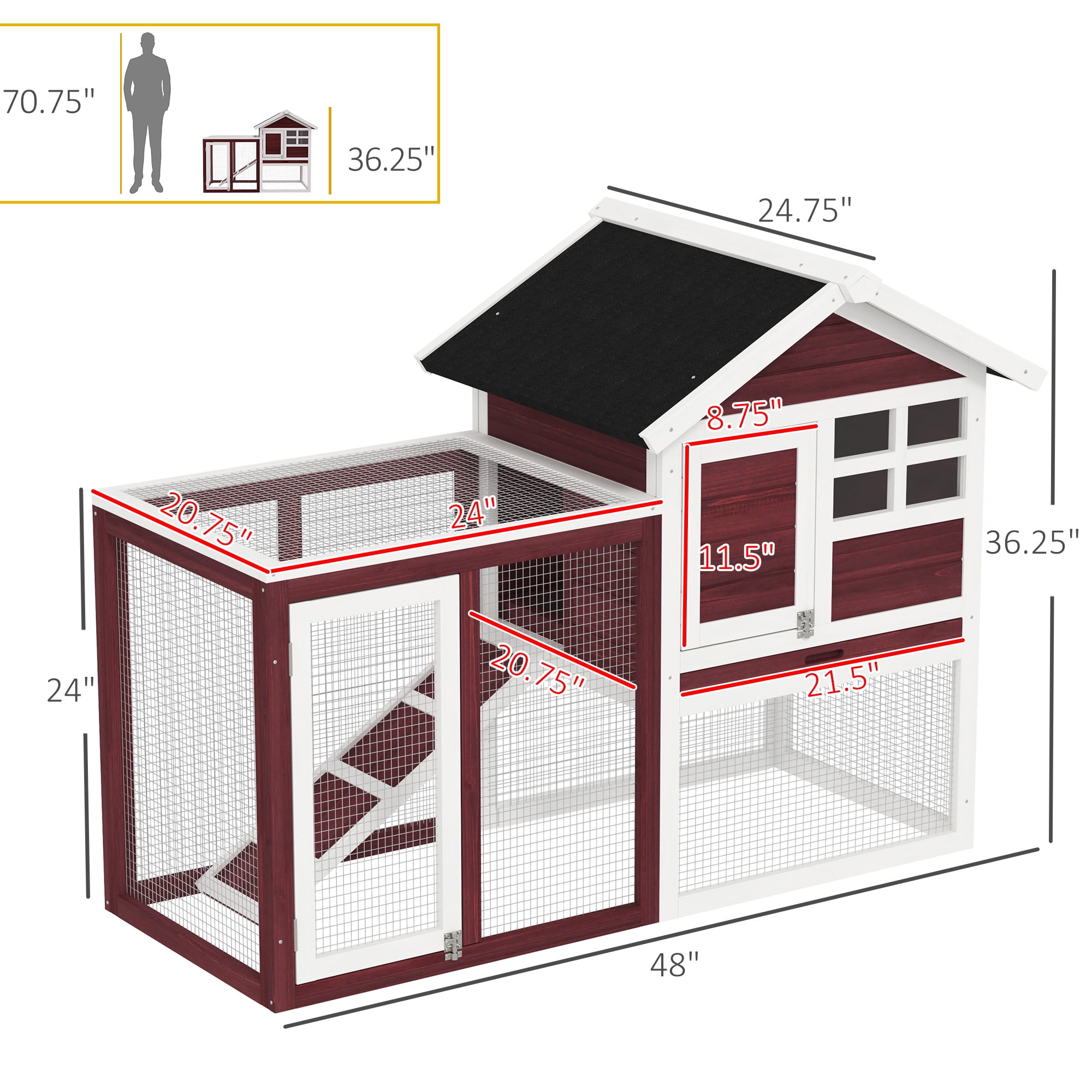 48" Wooden Rabbit Hutch Bunny Cage with Waterproof Asphalt Roof, Fun Outdoor Run, Removable Tray and Ramp, Brown