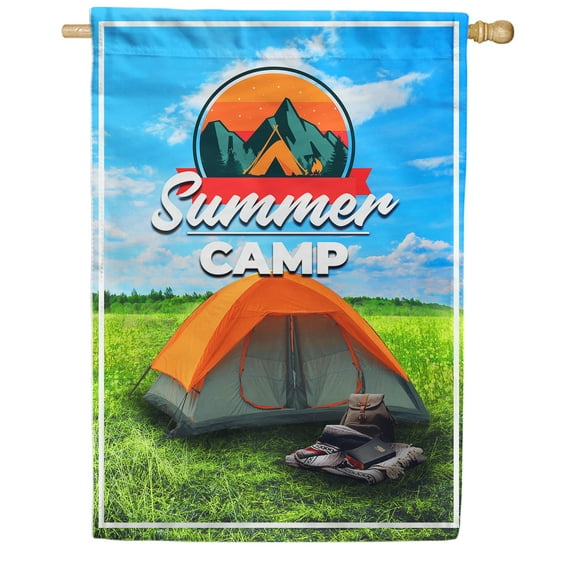 America Forever Summer Camp House Flag 28 x 40 inches American Traveller Happy Camper Hiking Mountain Adventure Double Sided Seasonal Yard Outdoor Decorative Red Tent House Flag