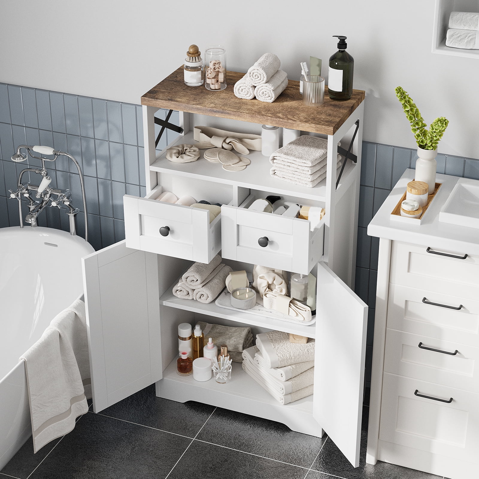 VEANERWOOD Bathroom Floor Cabinet Wooden Storage Organizer with 2 Barn Door, 2 Drawers & Adjustable Shelf, 42.7"H Floor Bathroom Storage Cabinet
