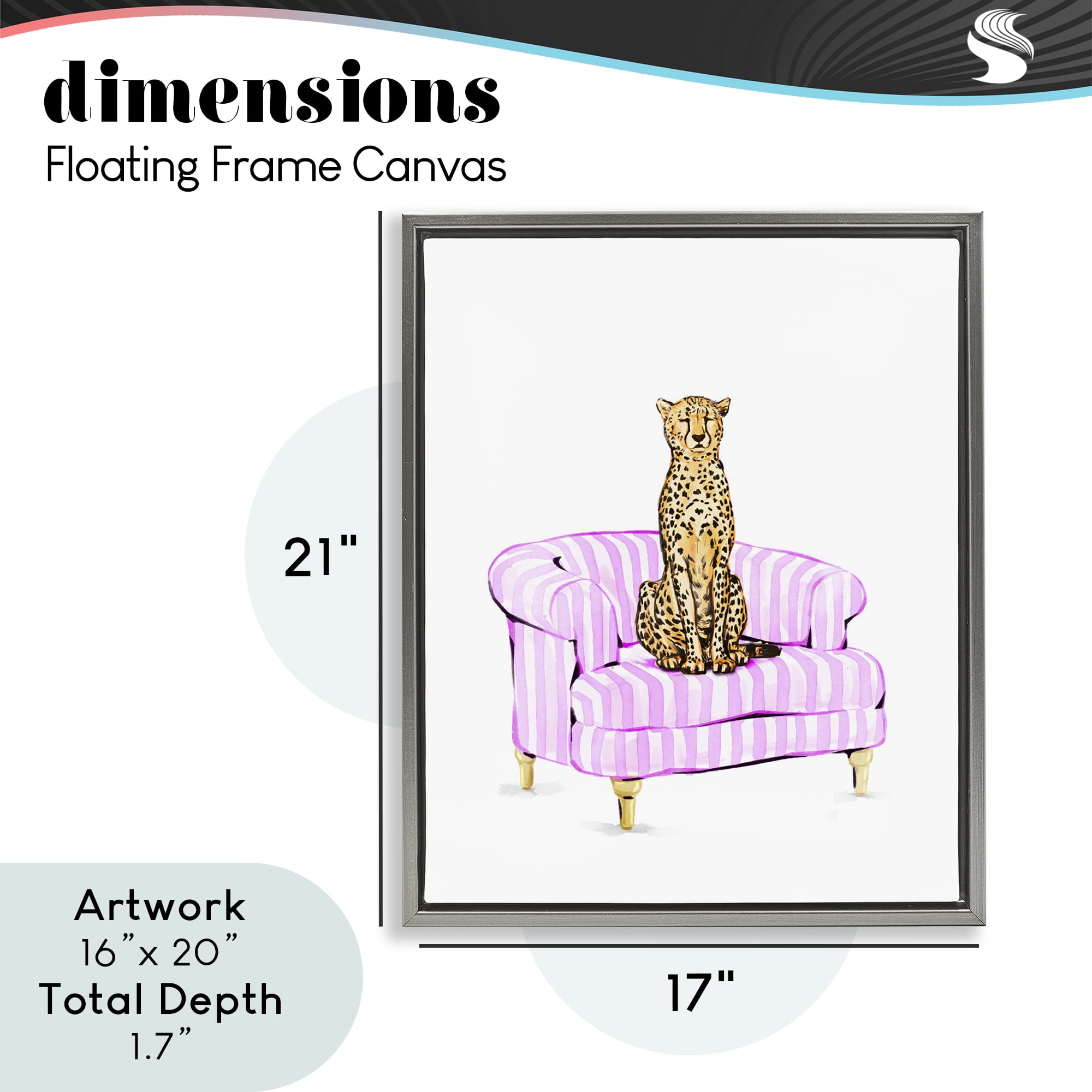 Cheetah on Pink Stripe Chair Gray Framed Floater Canvas Wall Art, design by Ziwei Li