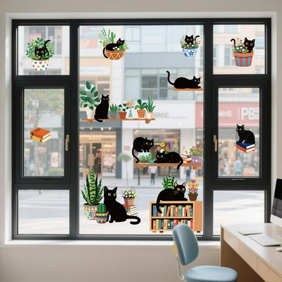 Static Window Clings Black Cat 1 Sheet Reusable Window Decals for Glass 47.24" x 11.8" Removable Double Sided Window Sticker for Room Office Home Decoration