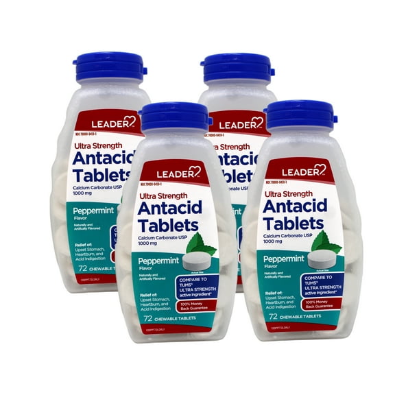 4 Pack - Leader Antacid Ultra Strength Chewable, Fast Heartburn & Indigestion Relief, Acid Reflux, Upset Stomach, Calcium Carbonate 1000mg, Peppermint, 72 Count