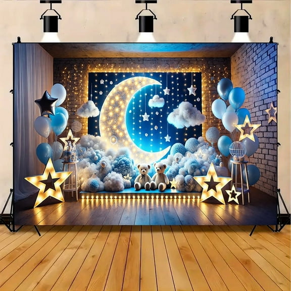 Blue Indoor Moon Clouds Stars Party Backdrop  Dreamy Night Sky Balloons Photography Background Shower Birthday Indoor Home Decor Studio Photo Booth Props Banner