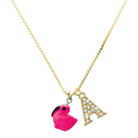 Delight Jewelry Resin Hot Pink Flamingo - Large Goldtone Crystal Initial - A - Charm Necklace, 17.5"+2"