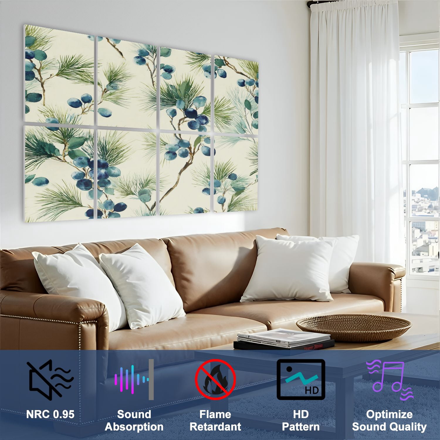8 Pack Art Acoustic Panels Sound Absorbing Watercolor Winter Pine Decorative Soundproof Wall Panels Self Adhesive for Nursery Game Room Bedroom 48"x32"