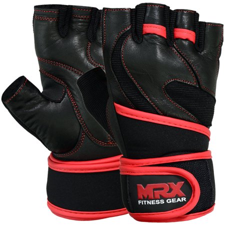 MRX Weight Lifting Gloves Gym Power Training Fitness Bodybuilding Glove Long Wrist Strap Black / Red (Best Weight Lifting Gloves With Wrist Straps)