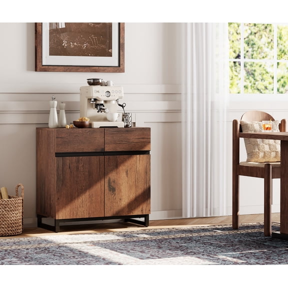 WAMPAT 31.5" Wide Multifunctional Sideboard Buffet with Adjustable Shelf & Metal Base, Modern Wood Grain Storage Cabinet for Dining Room, Living Room.