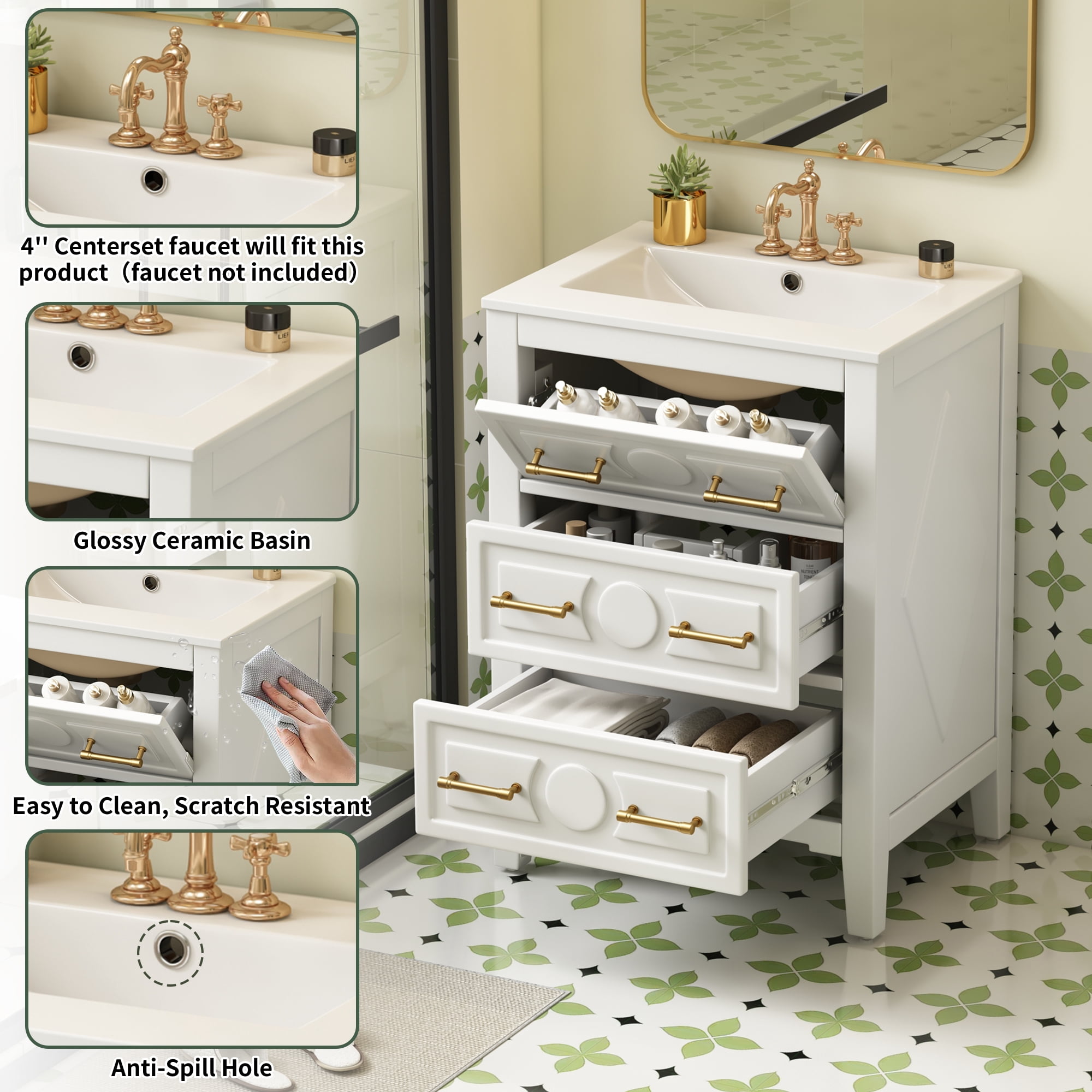 Euroco 24'' Bathroom Vanity with Ceramic Sink Combo, Free Standing Single Vanity Set with 3 Drawers, Solid Wood Frame Bathroom Storage Cabinet, White