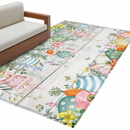 Easter Area Rugs Collection 2.7 x5 Spring Eggs Eucalyptus Leaves Wooden Grain Non Slip Indoor Rectangle Throw Runner Rug Floor Mat Carpet for Living Room Dining Table Bedroom Nursery