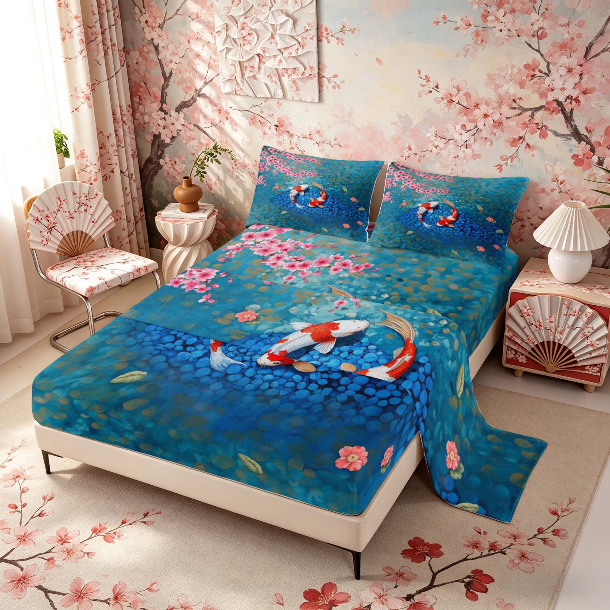 Manfei Oil Painting Koi Fish Queen Sheet Sets for Girls, Sakura Pond Bed Set, Blue Pink 4pcs, 1 Flat Sheet, 1 Fitted Sheet and 2 Pillowcases