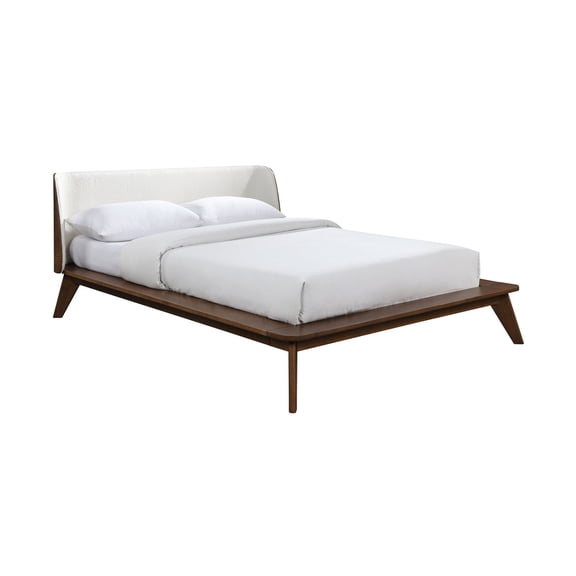 Miekor Furniture Walnut / Beige Color King Size Bed 1pc Fabric Winged Edge Headboard Platform Bedframe Mattress Ready Mid-Century Modern Style MK7637