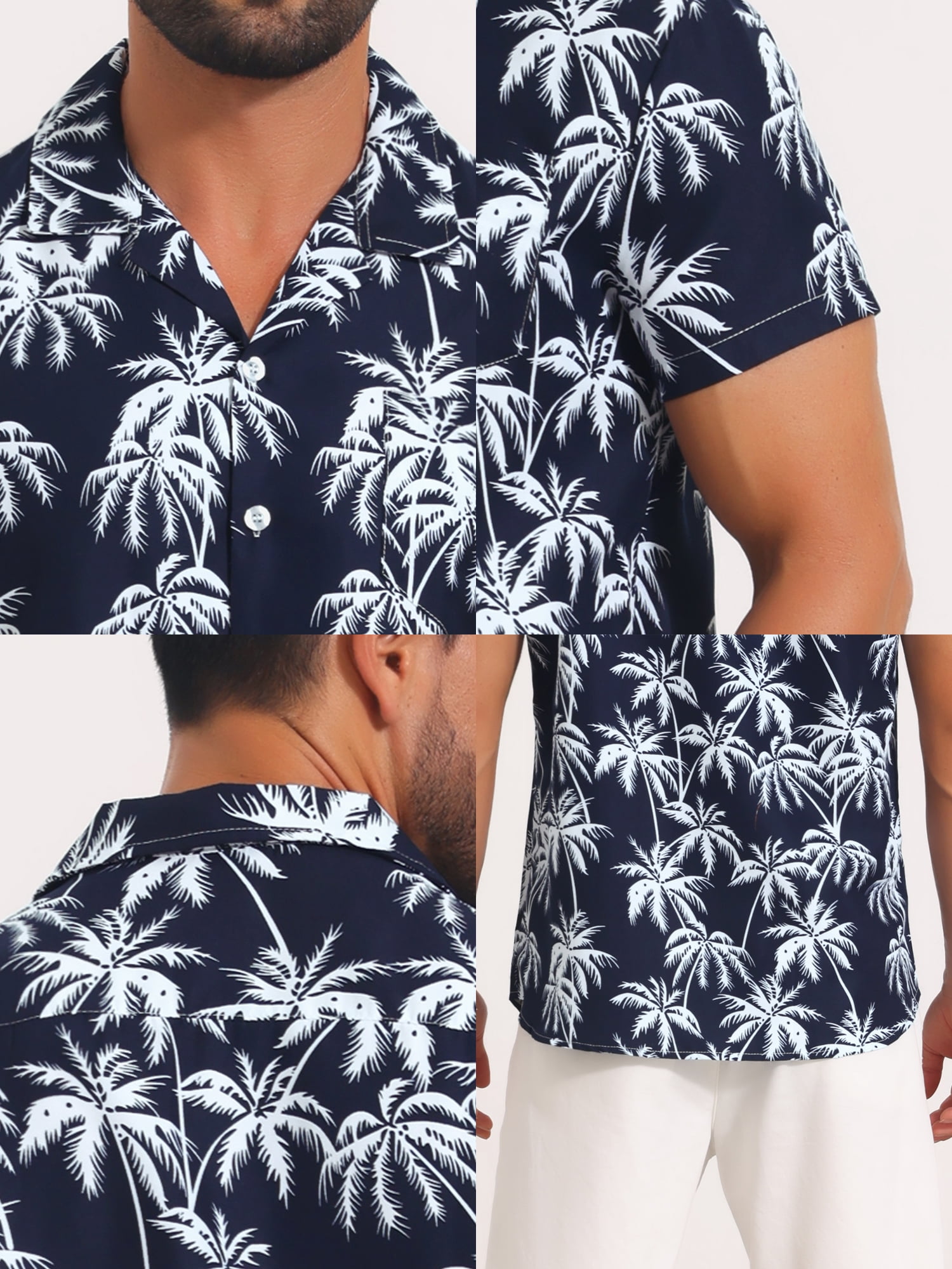 DARING DIVA Men's Short Sleeve Button Down Camp Collar Leaf Print Shirts M Navy Blue