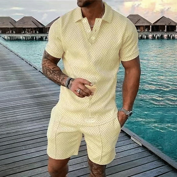 UVEASISHA Mens Golf 2 Piece,Men's Short Sets Outfits Two Piece Summer Tracksuit Short Sleeve Polos Shirt and Short Sets Summer Outfits for Men 2025 Plus Size Beige