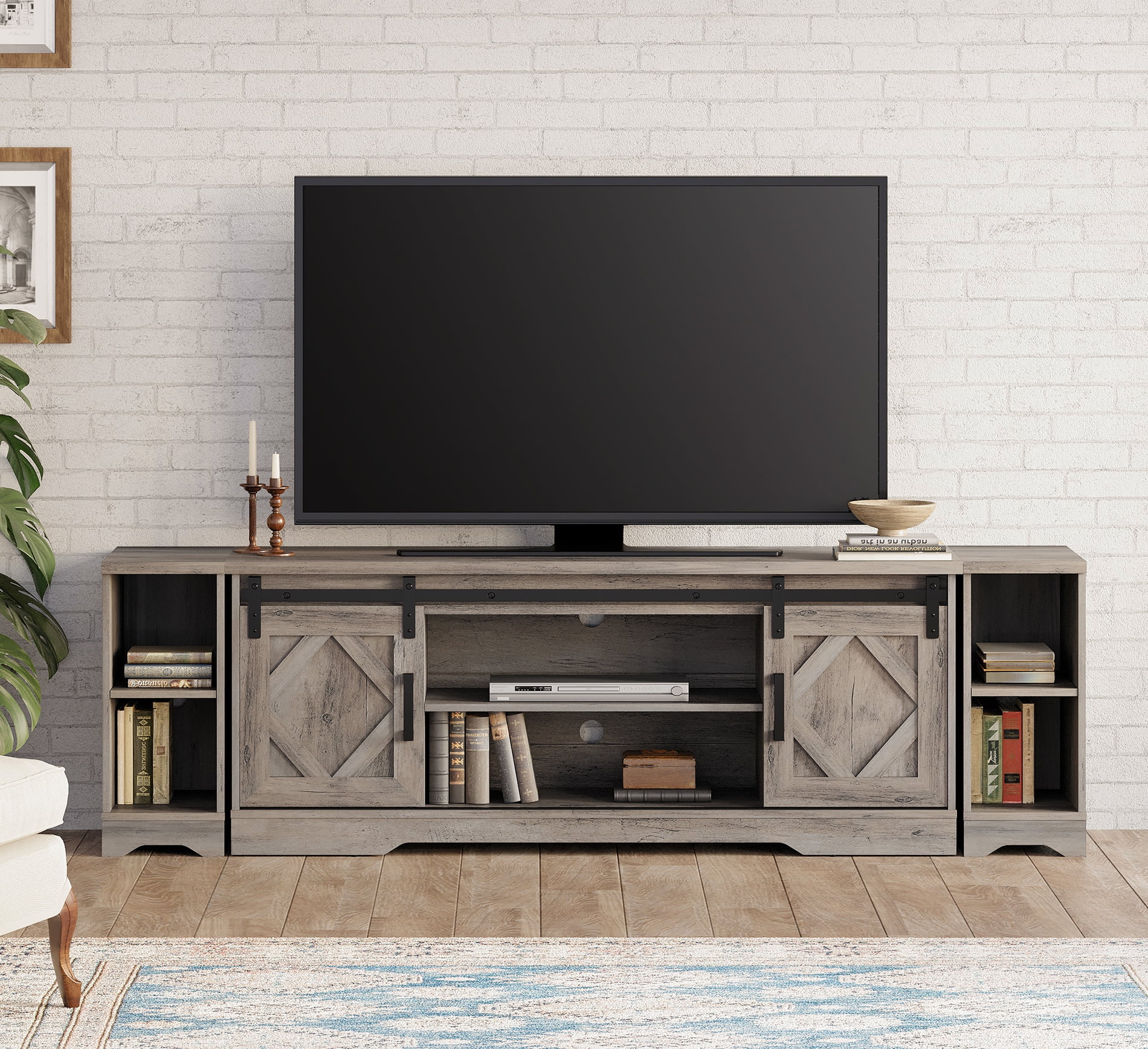 WAMPAT Farmhouse 85 inch TV Stand and Coffee Table Set of 2, Entertainment Center for TVs Up to 85", 30 inch Square Wood Coffee Table with Gas Spring Flip-Top for Living Room,Washed Grey