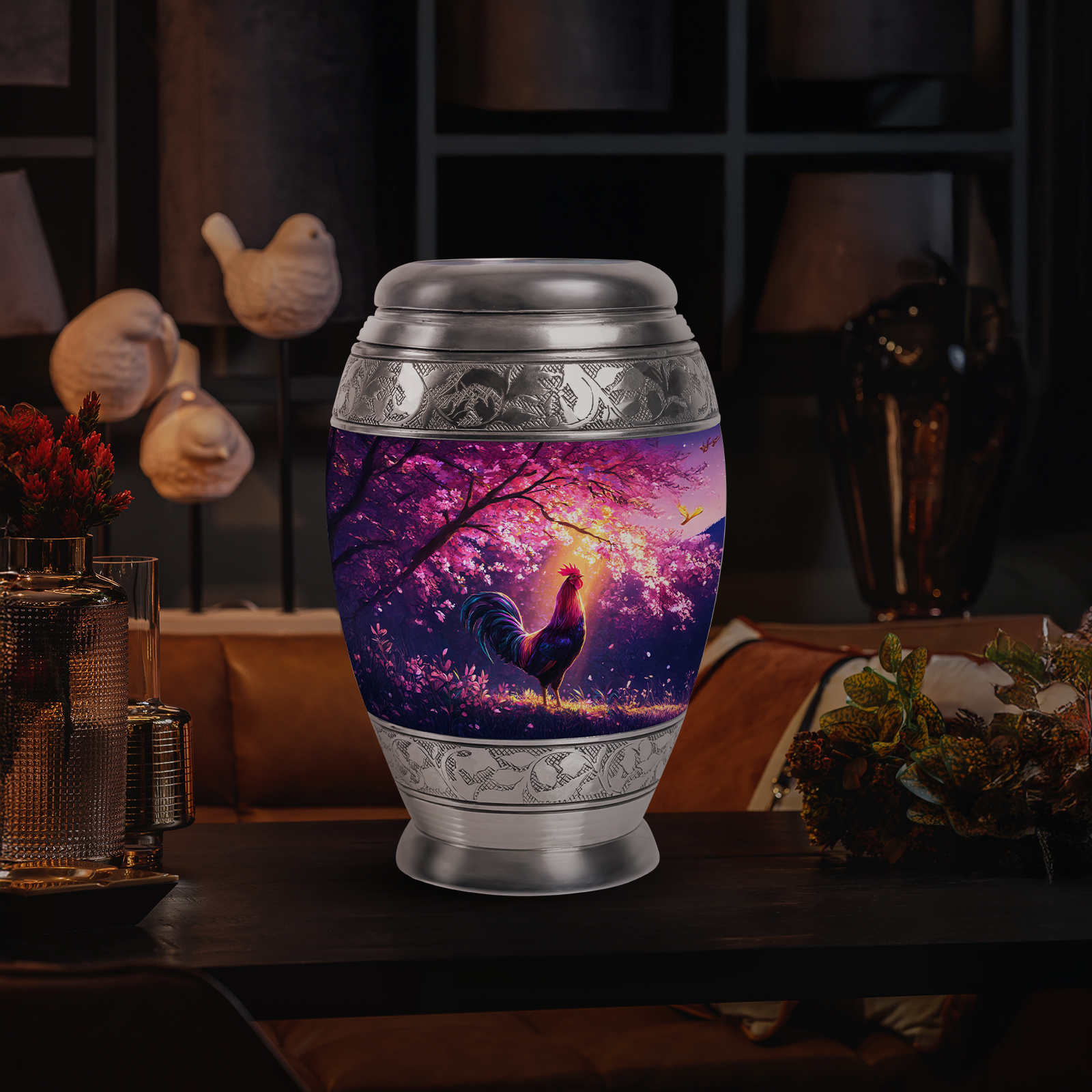Yatskia Pink Blossoms Rooster Urn for Ashes Adult Male, Memorial Burial Urns for Human Ashes Adult Female, Mini Memorial Urns for Human Ash, (Monar 10 Inch and 3 Inch)