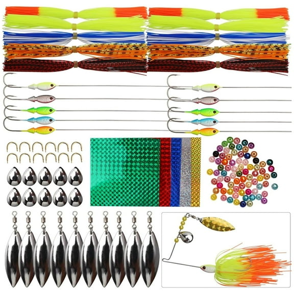 107PCS Spinnerbait DIY Kit with 3D Eyes and Silicone Skirts, Bass Trout Fishing Lures Kit