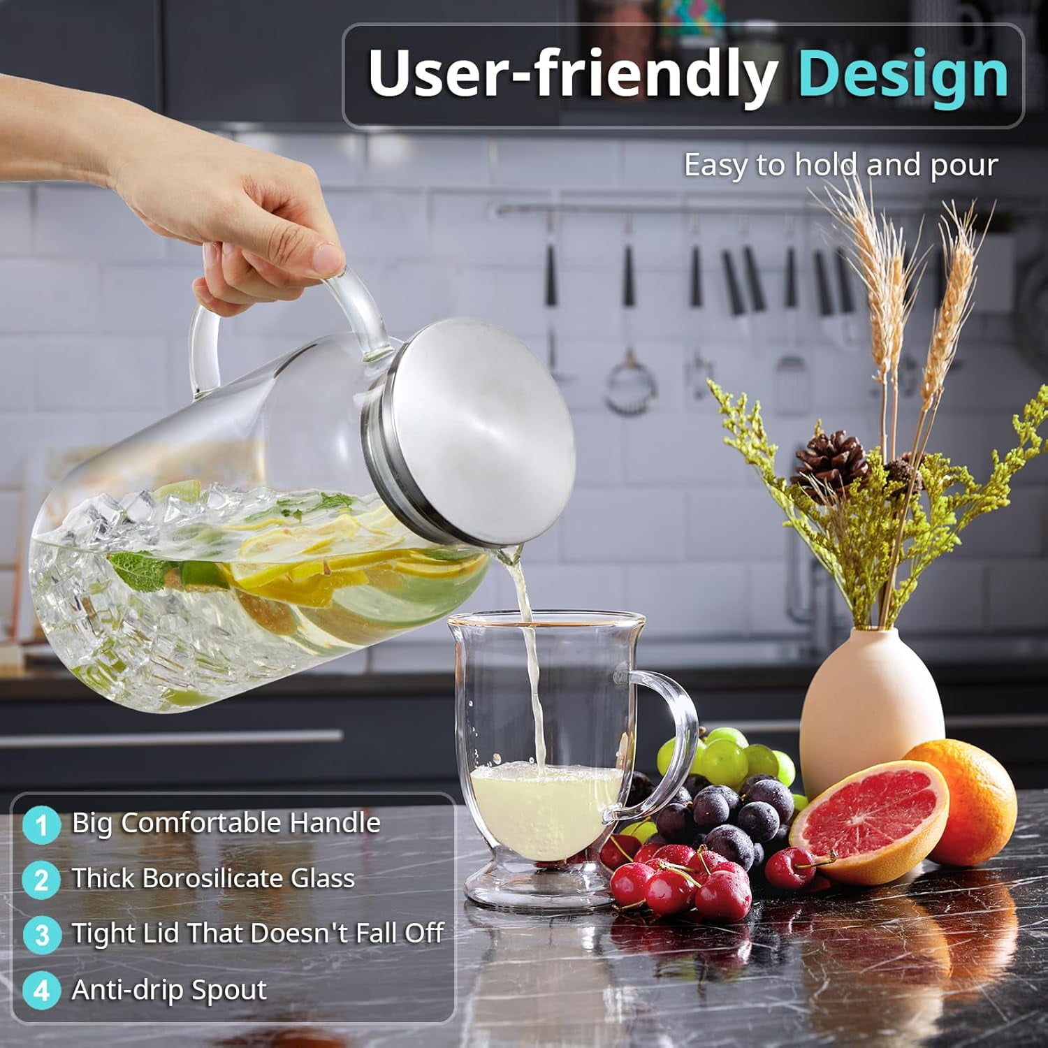 1 Gallon Glass Jug with Lid and Spout, Bivvclaz Glass Water Jug for Refrigerator, Hot and Cold Water Carafe, Ice Tea Jug, Coffee, Juice and Homemade Beverage Jug