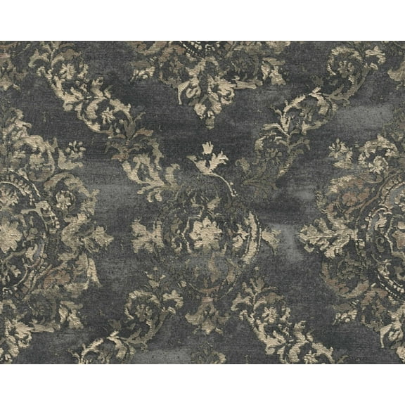Concord Wallcoverings Textured Wallpaper Damask Classic Ornament, Black Gold, 21 In x 33 Ft (56 sq. ft), 387074