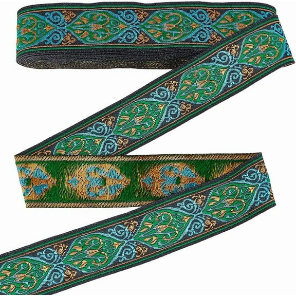 PH 7.7 Yards Vintage Jacquard Ribbon Ethnic Embroidered Ribbon 1.3 inch Wide Boho Ribbon Floral Woven Trim Green Fabric Trim for Sewing Clothes Crafting Bags Wedding Home Decor Green