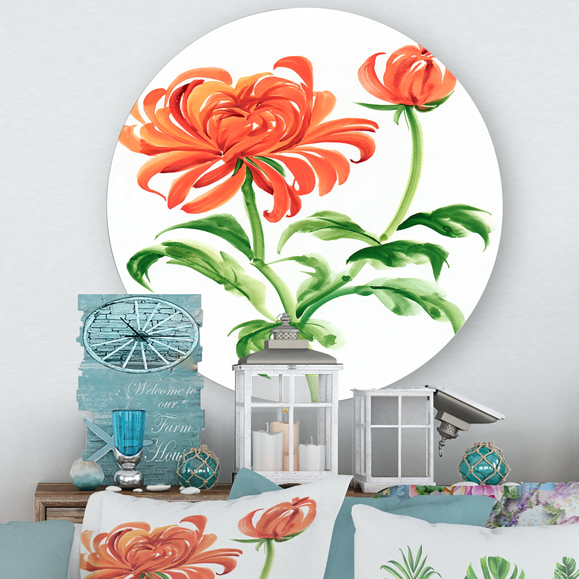 Designart 'Ancient Orange Chrysanthemum Flower' Traditional Circle Metal Wall Art 23x23 - Disc of 23