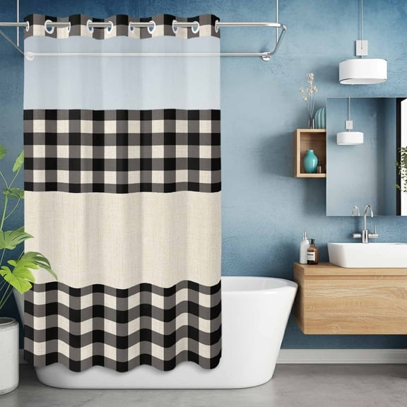 No Hook Shower Curtain with Snap in Liner, Black White Buffalo Plaid Waterproof Bath Curtain Double Layers with See Through Top Window, Retro Linen Checkered Hotel Shower Curtains 36x72in