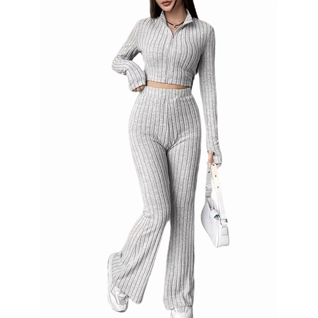 Conjunto de Dos Piezas para Mujer, Pantalón Corto de Larga con Cremallera y Pantalones, Chándal Sexy y Ajustado para Estar en Casa. Gris S