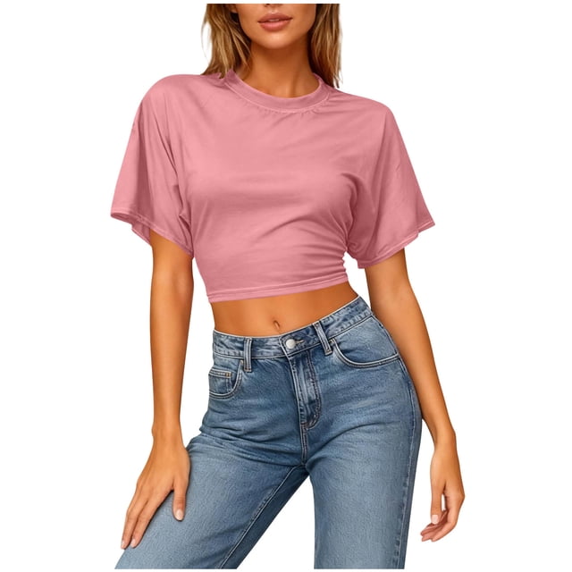 Moxiu T-Shirts Courts Y2K à Col Rond Oversize pour Femmes, Manches Chauve-Souris Courtes, Décontractés, Amples, d'Été, Rose, m