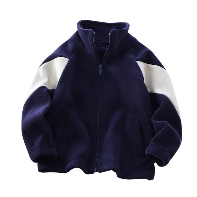 Children's Long Sleeve Zipper Sports Jacket for Kids, Soft Polyester-Spandex Blend, Breathable Warm Layer, Color-Blocked Casual Design, Round Neck, Blue