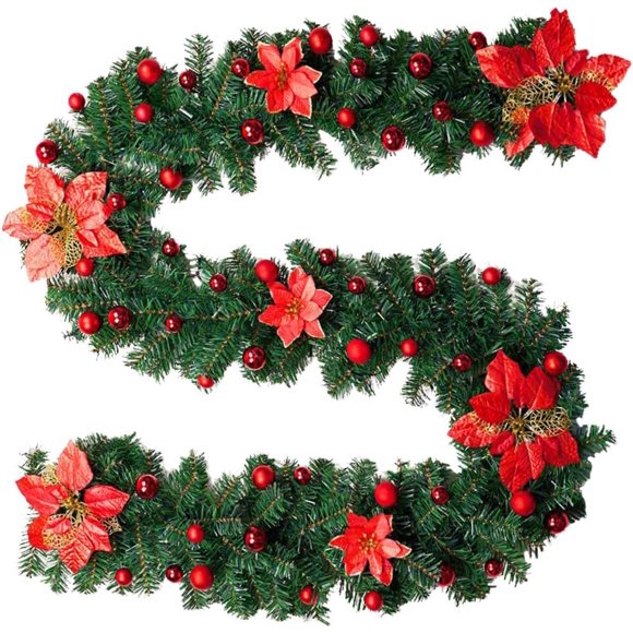 Qyuanzh Christmas Garland Red Themed 8.9ft Wreath with Flowers Berries for Front Door Swags Arch Staircase Fireplace Cabinet Wall