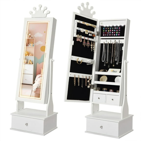 Kids Jewelry Armoire with LED Light & Full-Length Mirror, Freestanding Organizer with 3 Drawers - Perfect Vanity for Girls' Dress-Up,White