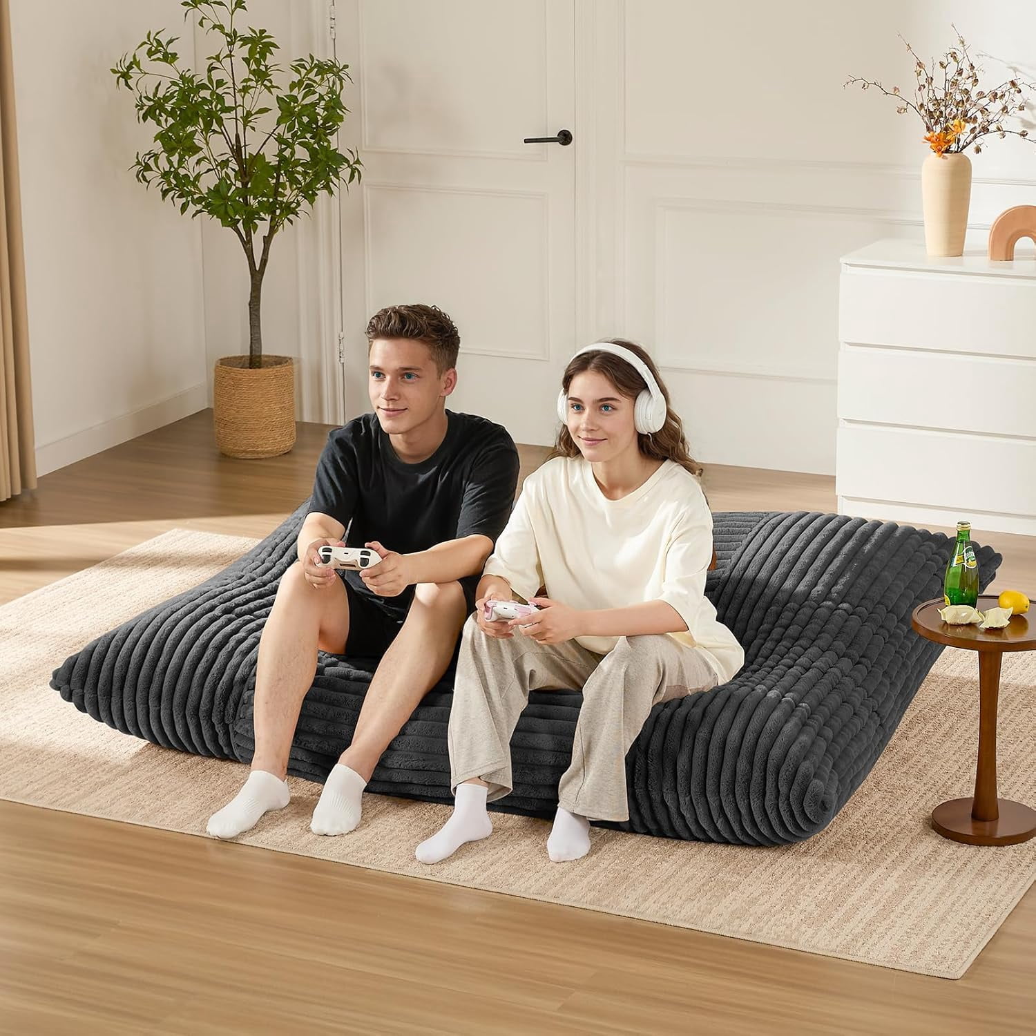 Oversized Striped Bean Bag Chair, Large Floor Lounger with Machine-Washable Corduroy Cover, Full-Body Relaxation Sofa for Home Theater, Living Room, Dark Grey