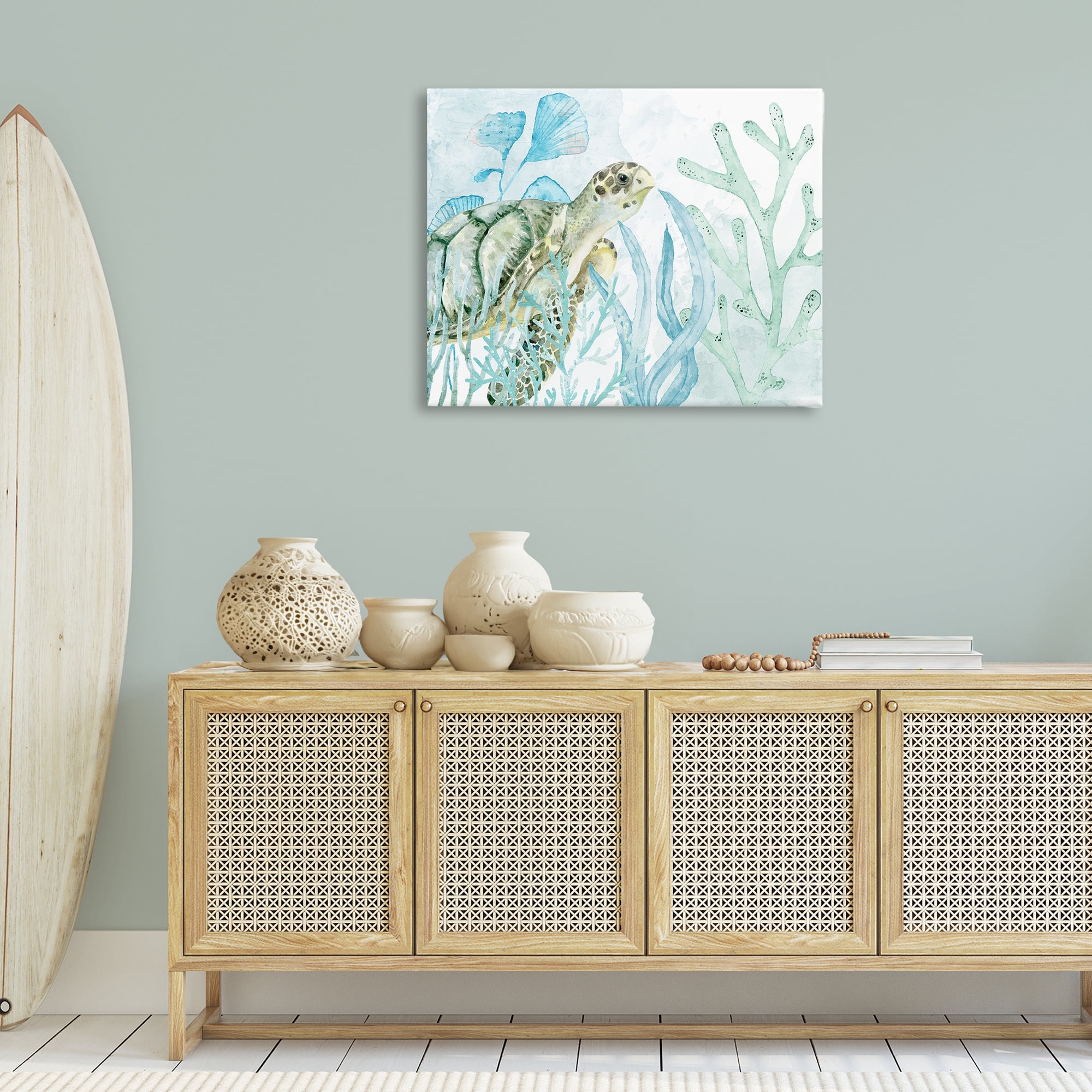 Stupell Industries Turtle in Watercolor Coral Animals Painting Wrapped Canvas Art Print Wall Art, 40 x 30