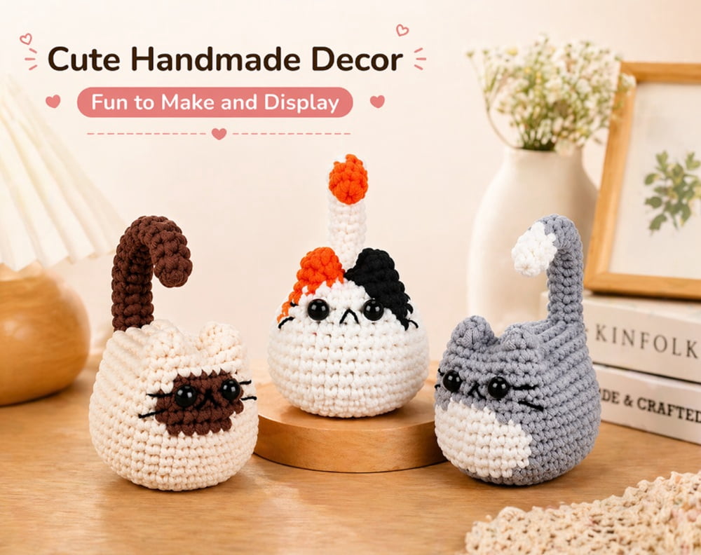 3 Pack Cat Crochet Kit for Beginners, Cat Amigurumi Starter Set with Step by Step Video Tutorials, TIKA