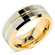 Tungsten Rings for Mens Wedding Bands Gold Silver Two Tone Grooved Center Line Size 6-16 (Tungsten, 8)