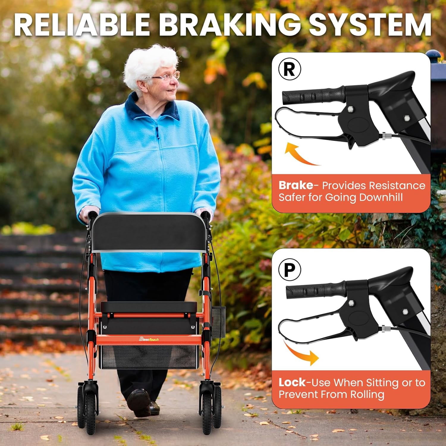 Leumius Foldable Rollator Walkers with Seat for Seniors,18" Big Seat Heavy-Duty Aluminum Rolling Walker with 6-Position Adjustable Height,450lb Capacity