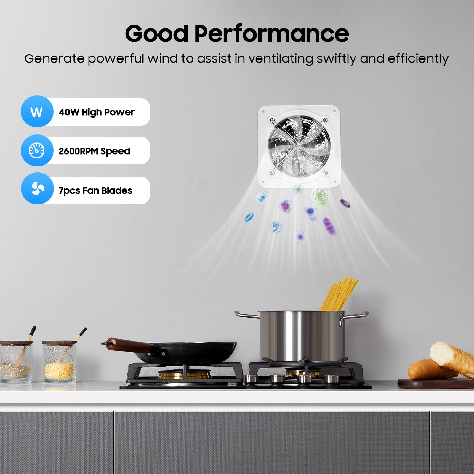 Peakora 7.5" 40w Quite Wall Exhaust Fan 2600 Rpm High Speedwall Exhaust Fan for Kitchen Bathroom Utility Metal Extractor Fan for Attic, Garage, Window Ventilation White