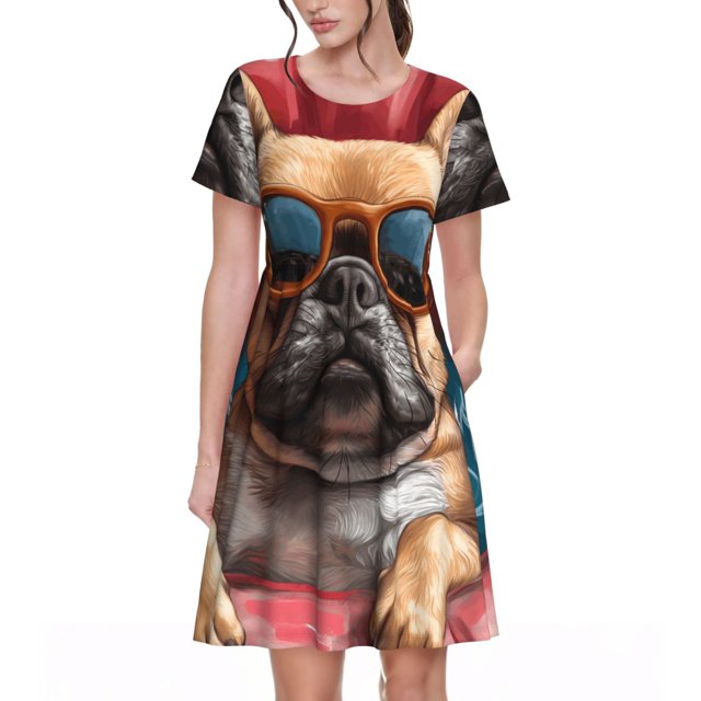 Disketp French Bulldog In Sunglasses para Vestido de Manga Corta para Mujeres, Vestidos de Verano para Mujeres, Casual y Holgado para la Playa