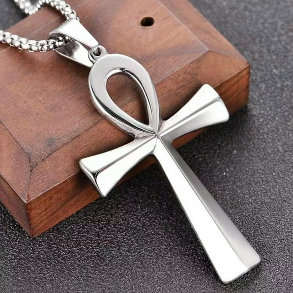 HOOUN Men Silver Egypt Ankh Cross Pendant Punk Rock Necklace Stainless Steel Chain 24"