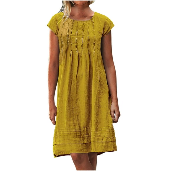 Summer Cotton Linen for Women Plain Short Sleeve Casual Loose Knee Length Dress Ruched Crewneck Shift T Shirts Dress
