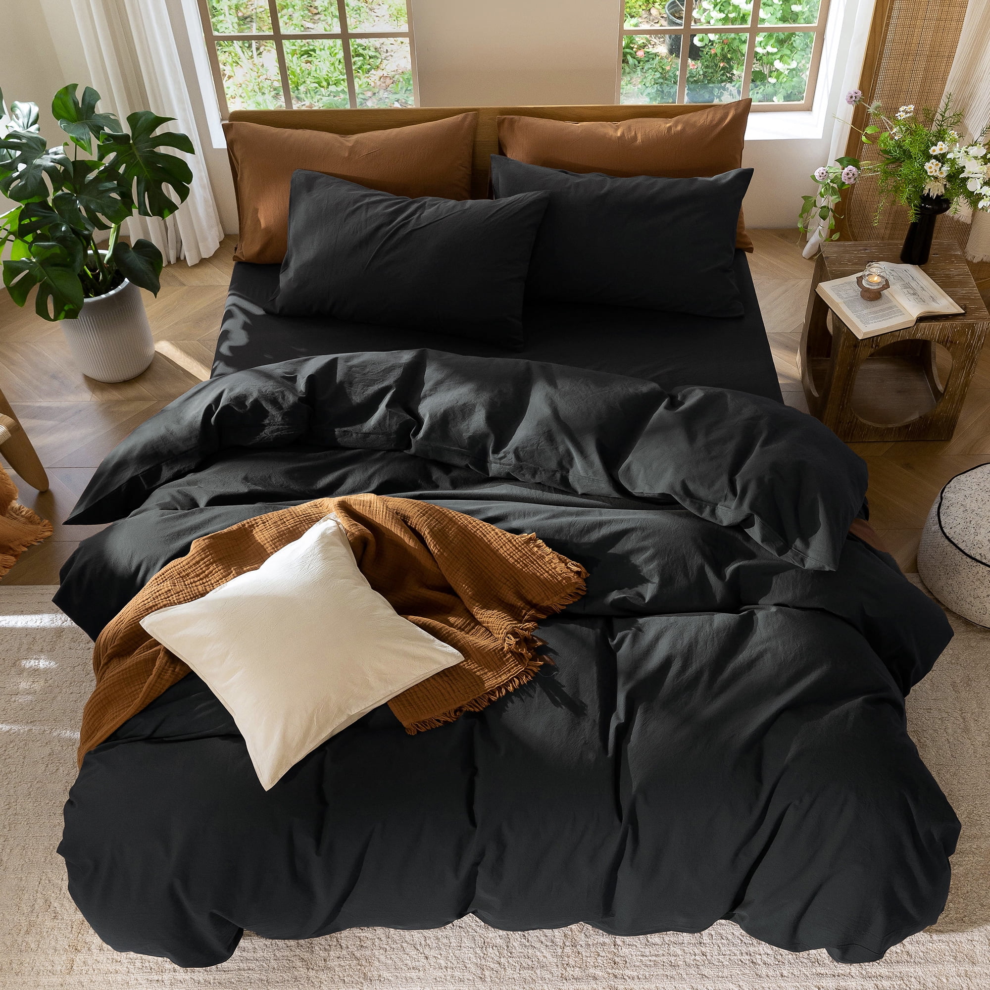 MooMee Duvet Cover Set Full 100% Washed CottonLinen Like Textured Breathable 3-Piece (Black, 80"x90")