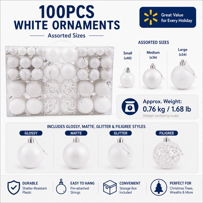 100pcs Shatterproof Christmas Balls - Plastic Ornaments for Christmas ...