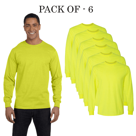 Gildan High Visibility Safety T-shirt for Man | DryBlend Long Sleeve Workwear Tee, Adult Hi-Vis Shirt, 50/50 Cotton/Polyester Safety Green Pack-6, Size S