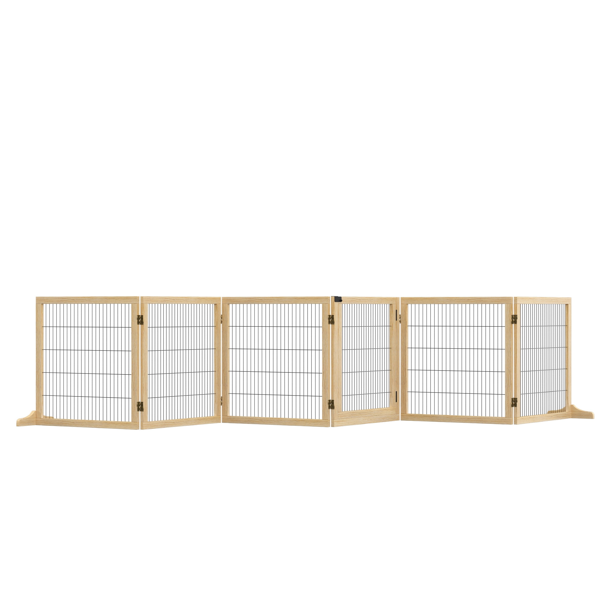 Wooden Dog Gate, 170" Freestanding Pet Gate, 6-Panel Foldable Dog Safety Barrier with 2 Support Feet for House Doorway Stairs, Small and Medium Dogs, Natural Wood