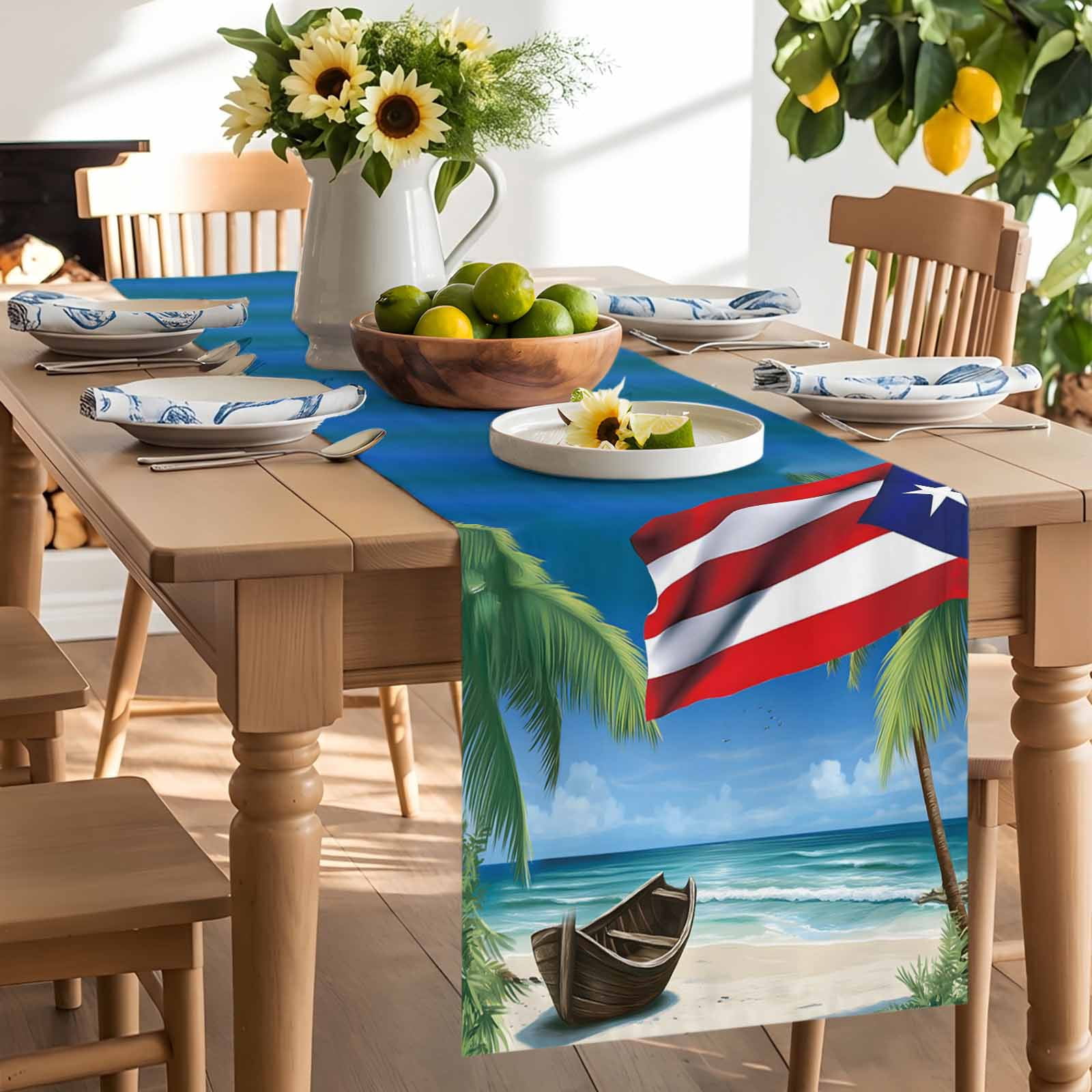 Beach Palm Trees Retro Flag Table Runner 90 Inches Long, Summer Ombre Ocean Waves Table Runners Tabletop Scarf Kitchen Dining Tables Decoration for Home Party Indoor Outdoor