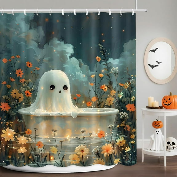 Halloween Bathroom Shower Curtain, Floral Ghost Shower Curtain Set for Decor, Water Repellent Fabric Bath Curtain with Hooks, Machine washble, 72x72 in, Black