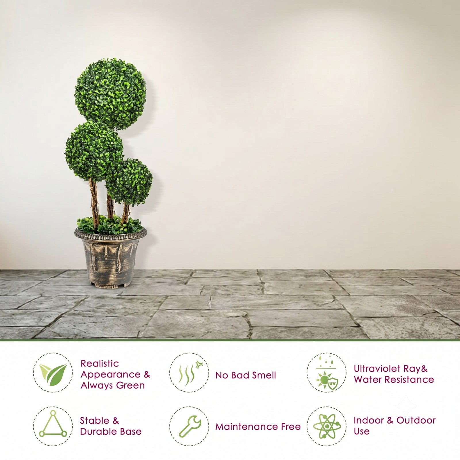 ALPULON 30 Inch Artificial Topiary Triple Ball Tree, Faux Boxwood Potted Plant with Cement Base, UV Protected Indoor Outdoor Decor for Front Porch Entryway Patio, Green