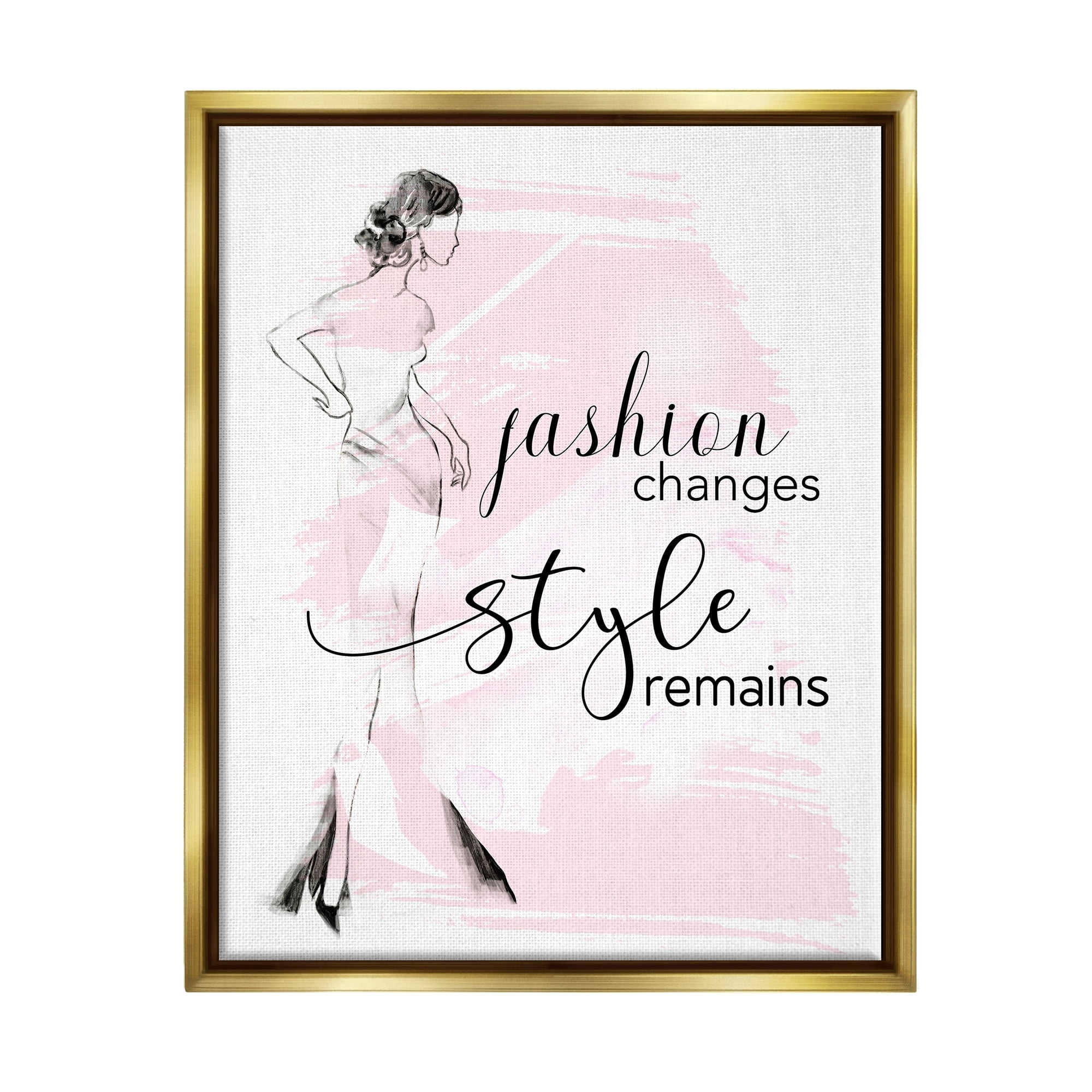 Stupell Industries Fashion Changes Style Remains Glam Quote Woman Graphic Art Metallic Gold Floating Framed Canvas Print Wall Art, Design by Tava Studios