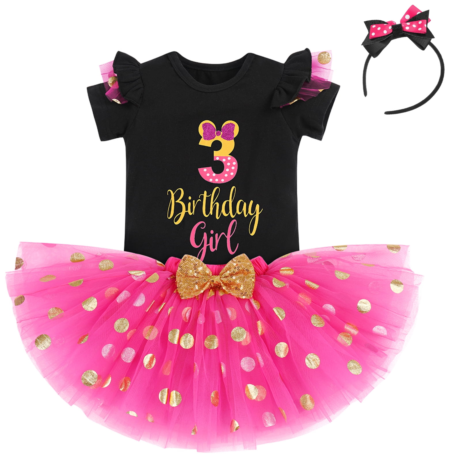 IBTOM CASTLE Toddler Girls 1st 2nd 3rd Birthday Outfit Princess Polka Dots Ruffle Tutu Skirt Mouse Headband Cake Smash Party Clothes Set 3 Years Black + Hot Pink