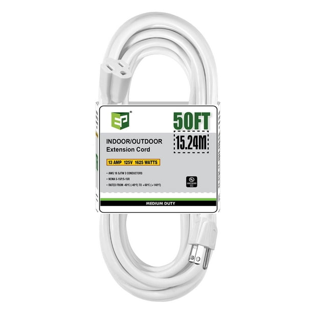 Cable de extensión EP 15 m para exteriores 16/3 SJTW, enchufe blanco de 3 clavijas